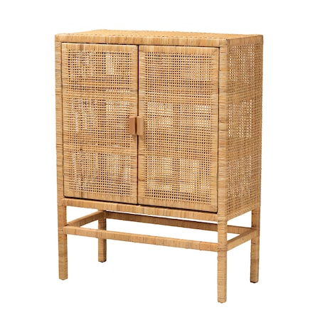 Baxton Studio Vivan Modern Bohemian Natural Brown Rattan and Mahogany Wood 3-Shelf Storage Cabinet 228-13134-ZORO